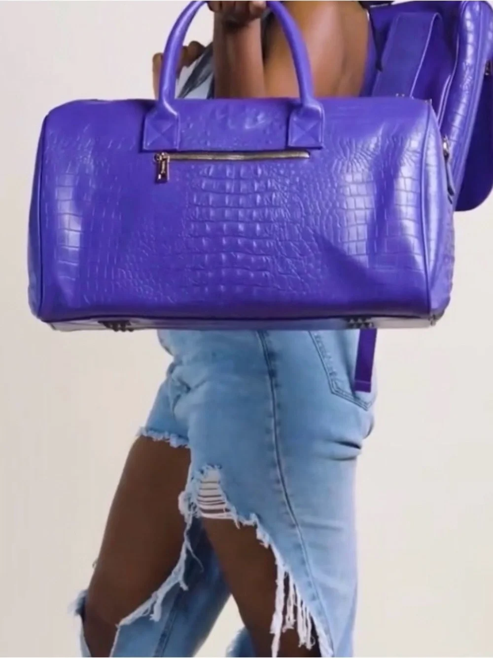 Tote&Carry Purple Croc Embossed Backpack Duffle Bag Set Weekender Travel NWT